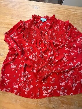 CeCe Red Floral Ruffle Neck Long-Sleeve Blouse